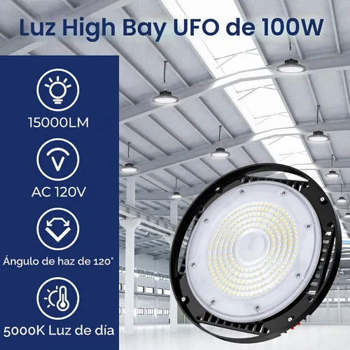 Vista 2 de CINOTON Luz LED UFO de Bahía Alta de 100W, Luces LED de Aluminio para Tienda con 15000LM, Iluminación de Bahía Comercial de 5000K para Almacén