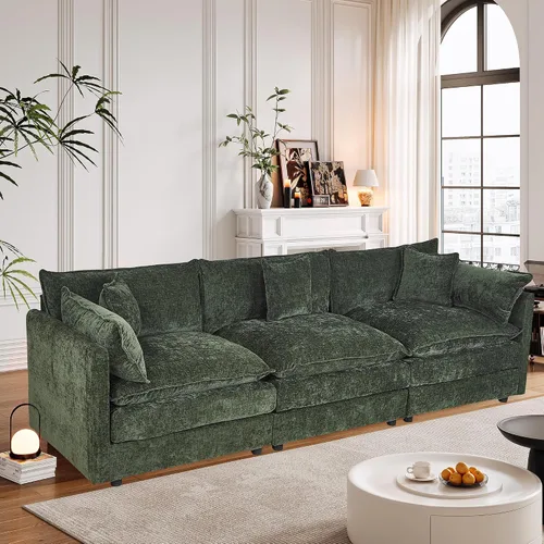 Vista 40 de Setawix Sofá Profundo de 3 Plazas con Otomana, Sofás de Nube en Forma de L de 112.2" para Sala de Estar, Sofá de Nube de Chenilla con Asiento Café