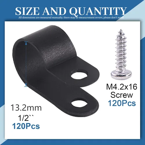 Vista 2 de Glarks 120 abrazaderas de alambre de nailon negro de 1/2 pulgada para montaje de tornillo tipo R con 120 tornillos para kit de cable, conducto