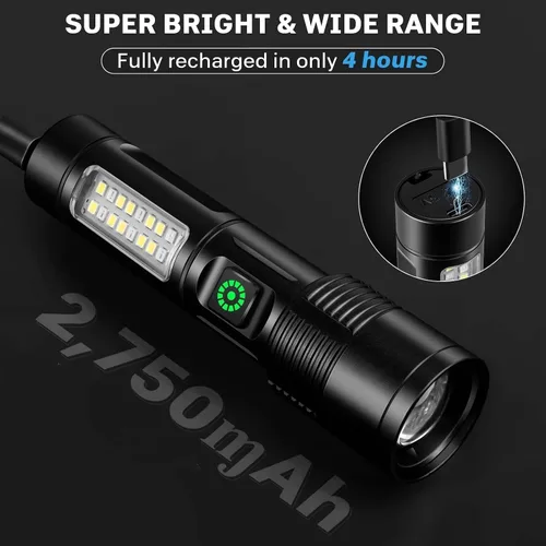Vista 4 de Paquete de 2 linternas LED recargables de 990,000 lúmenes, ajustables con 5 modos, IPX7 impermeable, luz flash de mano para camping, senderismo