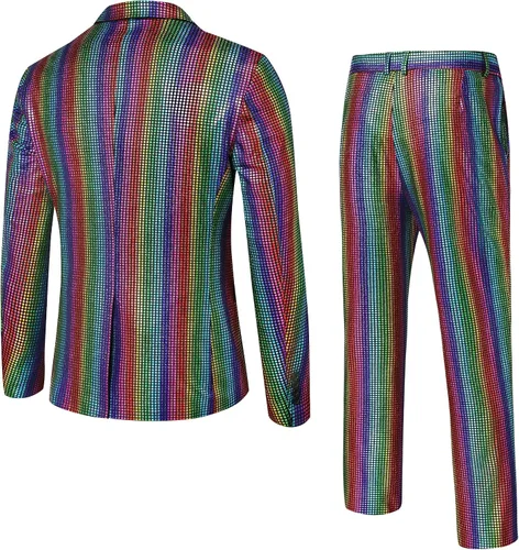 Vista 3 de WULFUL Traje de discoteca de 2 piezas para hombre, disfraz de los años 70, chaqueta y pantalones de lentejuelas para fiesta de Halloween, trajes