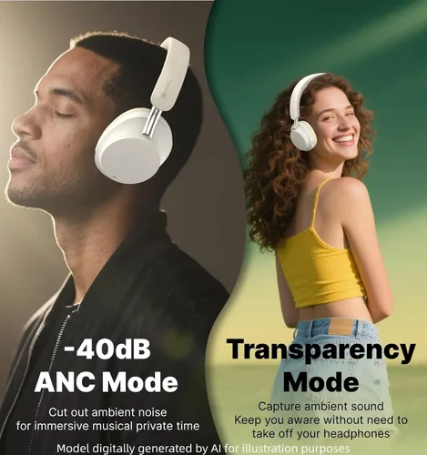 Vista 3 de Hmusic MS04 Auriculares Bluetooth con cancelación activa de ruido sobre la oreja 4-Mic Hybrid -40dB ANC Bluetooth Headset, 2-ENC Mic, 80H