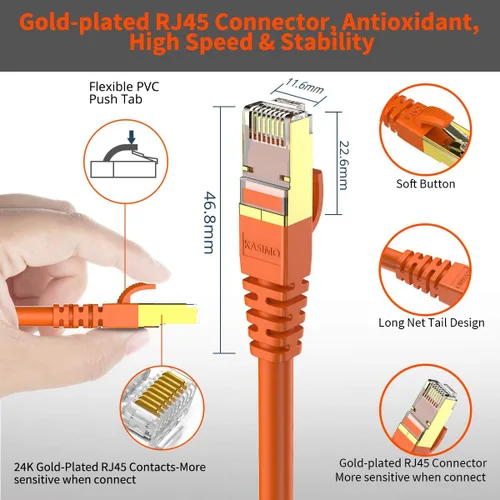 Vista 7 de Cable Ethernet CAT 8 blindado SFTP para red de Internet, cables LAN de alta velocidad resistentes con conector RJ45 chapado en oro, profesional