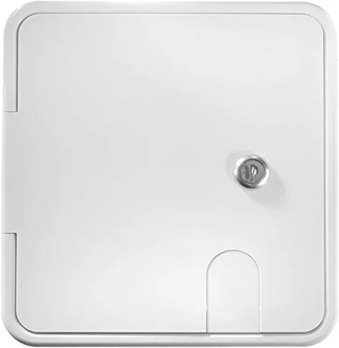Vista 4 de RV Designer B150, escotilla de cable eléctrico con bloqueo, 7.6 pulgadas x 6.5 pulgadas x 2 pulgadas, blanco polar