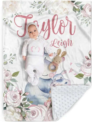 Vista 9 de Manta de bebé personalizada, manta de felpa suave con respaldo de puntos de doble capa para niños y niñas, nombre personalizado con diseño de animal