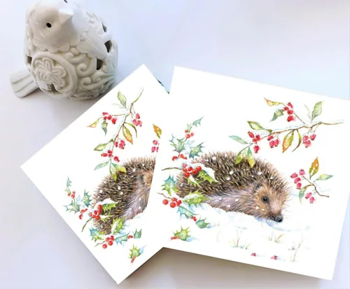 Vista 4 de Servilletas de papel de erizo de 20 unidades de 13 x 13 pulgadas para decoupage con diseños de animales y acebos