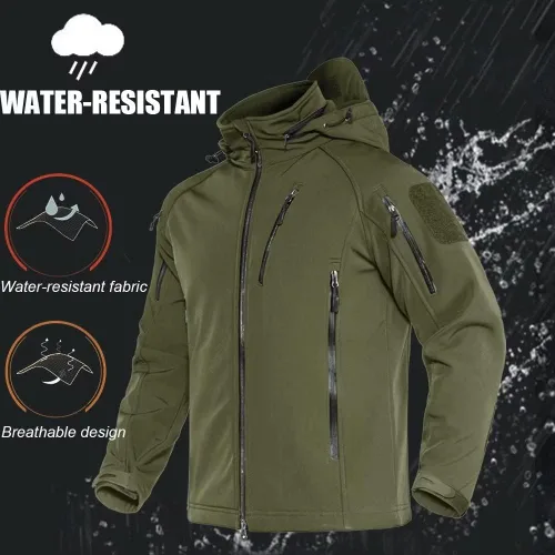Vista 6 de MAGCOMSEN Abrigos de invierno para hombre, 8 bolsillos, con capucha, resistente al agua y al viento, chaqueta táctica Softshell