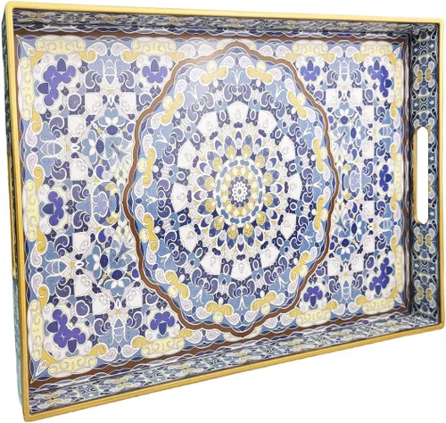 Vista 27 de Bandeja de servir azul con 4 asas, bandeja decorativa de plástico para mesa de café, otomana - Ideal para sala de estar y baño. 15 x 11 x 1.9