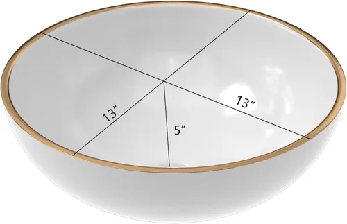 Vista 6 de Fregadero de recipiente blanco redondo - Fulorni 33x33 cm Lavabo de baño de cerámica de porcelana con borde dorado sobre encimera, fregadero