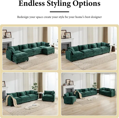 Vista 8 de Sofá seccional modular verde de 111.5", sofás seccionales grandes de 3 plazas para sala de estar, sofá nube oversized de tela chenille con otomana
