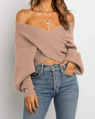 Vista 3 de BTFBM - Suéter casual para mujer con manga larga cuello en V frente cruzado hombros descubiertos dobladillo asimétrico tejido de punto y color liso