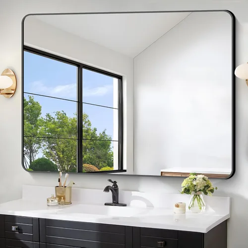Vista 28 de FORBATH - Espejo de baño negro para sobre lavabo, espejo de pared de 16x24 pulgadas con marco de metal, esquinas redondeadas para baño, dormitorio