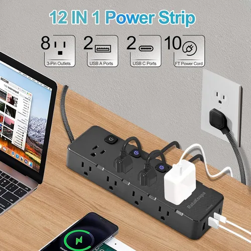 Vista 2 de Regleta de protección contra sobretensiones de 10 pies - 8 tomas de CA ampliamente espaciadas, 4 puertos USB (2 USB C), cable de extensión