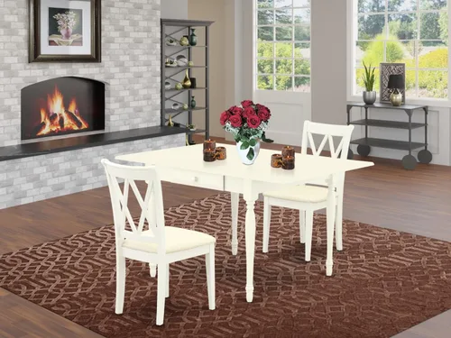 Vista 4 de East West Furniture MZCL3-LWH-C - Juego de mesa de comedor moderno de 3 piezas que contiene una mesa rectangular de madera con gotas y 2 sillas