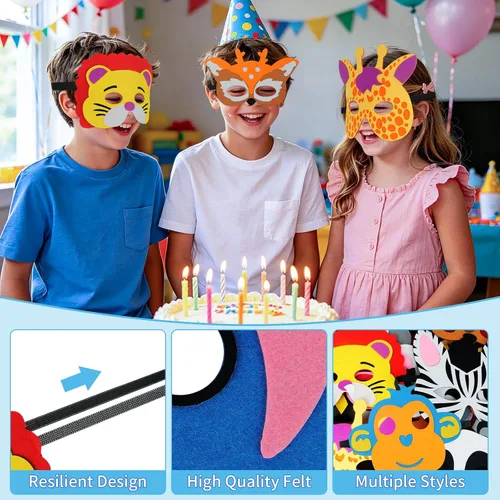 Vista 3 de ShaggyDogz 30 piezas de máscaras de animales de fieltro para niños, suministros para fiestas temáticas de la jungla..