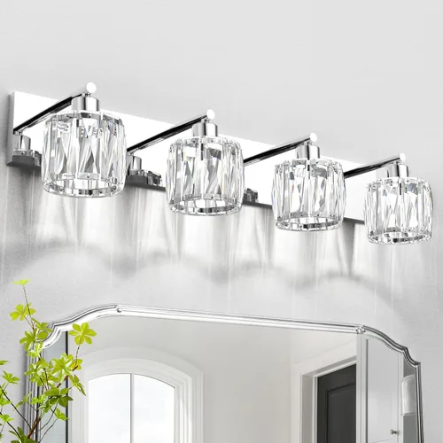 Vista 29 de VOLISUN Luces de Tocador de Cristal - 2 Luces Modernas de Acero Inoxidable para Baño Sobre Espejo, Acabado Cromado - Certificado UL
