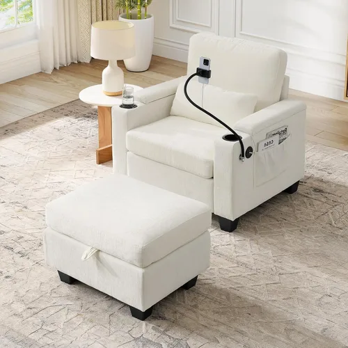 Vista 8 de Chaise Lounge Chair para interiores con puerto USB y soporte para teléfono, sillón reclinable pequeño de felpilla con otomana de almacenamiento