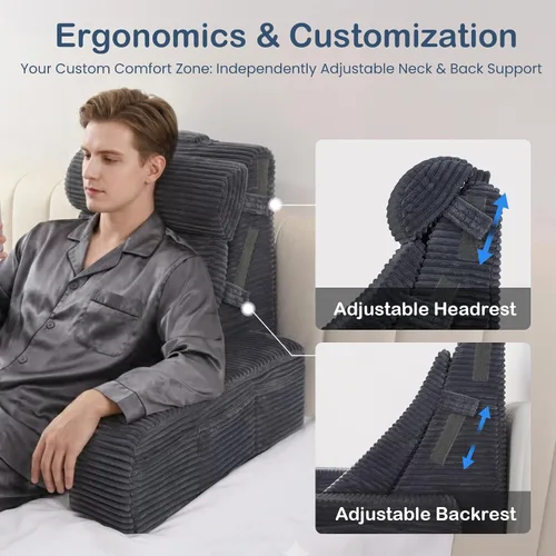 Vista 2 de Vekkia - Almohada de lectura ajustable y almohada trasera con respaldo – Espuma multi-densidad zonificada para soporte específico, bolsillos