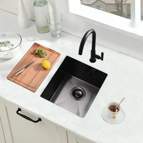 Vista 2 de Fregadero de barra de montaje inferior negro, 15 x 17 pulgadas, pequeño fregadero de cocina para exteriores de calibre 16 SUS304