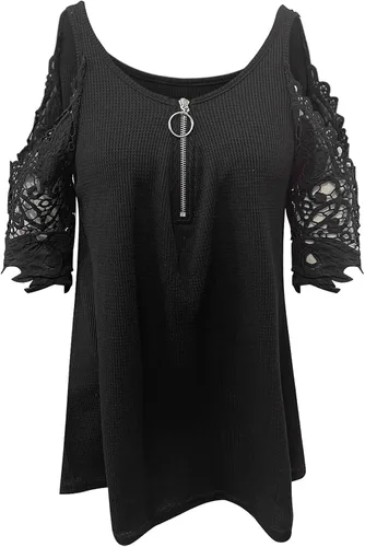 Vista 3 de KNFATEQVEDG Camisetas de manga corta con cuello en V y cremallera para mujer, talla grande, con hombros descubiertos, blusas de verano sexy, Negro