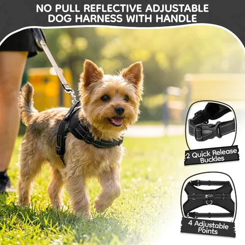 Vista 2 de Arnés ajustable reflectante para perro con asa evita tirones, XXS, Negro