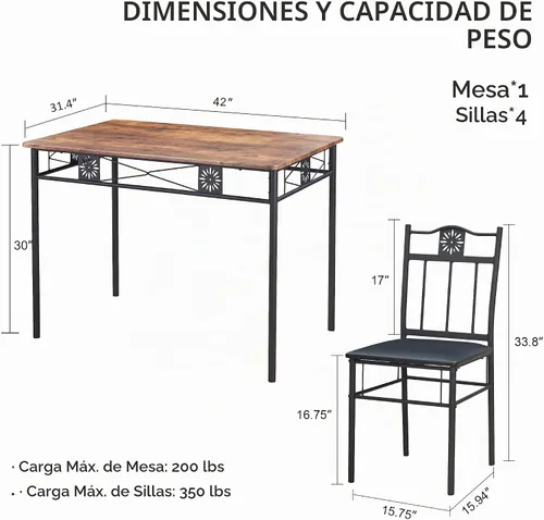 Vista 6 de VECELO juegos de mesa de comedor para cocina para 4, juego de 5 piezas de madera rectangular para desayunador, comedor con sillas acolchadas de PU