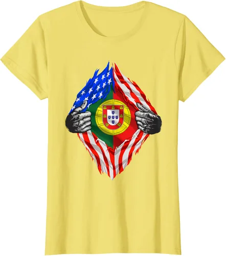 Vista 34 de Camiseta de bandera de Estados Unidos con diseño de raíces portuguesas, Negro, S