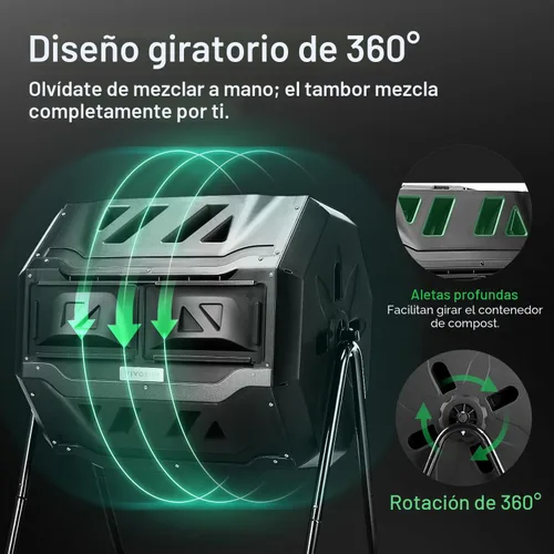 Vista 3 de VIVOSUN Cubo de compostaje giratorio para exteriores, con puerta negra de 43 galones, doble lote giratorio Negro