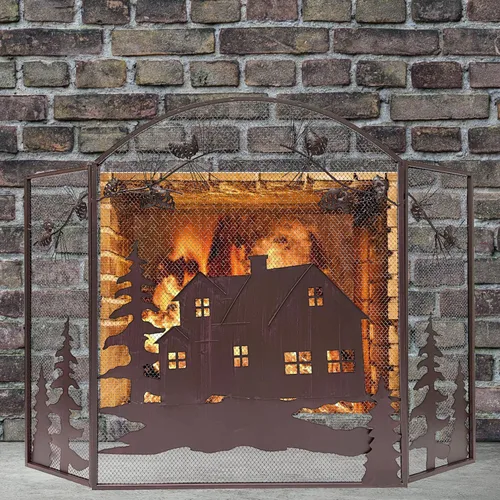Vista 5 de BestGiftEver Pantalla decorativa para chimenea de 3 paneles con diseño de cono de pino de cabaña de casa, cubierta de chimenea, pantalla de malla