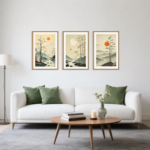 Vista 34 de Celestdeco Juego de arte de pared en lienzo abstracto y neutro grande con marco naranja, moderno y minimalista para pared, diseño geométrico bohemio