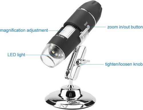 Vista 5 de Microscopio digital, microscopio electrónico digital de mano Walfront Lupa 1000X 8 LED Soporte de observación ajustable, salida AV analógica para TV