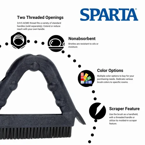Vista 5 de SPARTA Cepillo comercial de plástico para lechada, cepillo de fregar en forma de triángulo con raspador y dos agujeros roscados para fijar el mango