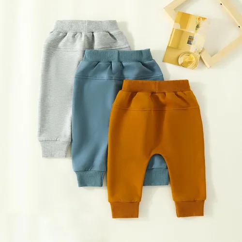 Vista 4 de bebeshopdelageyhu Pantalones largos para bebé, con bolsillo, harén, pantalones deportivos sólidos casuales, paquete de 3 pantalones de otoño