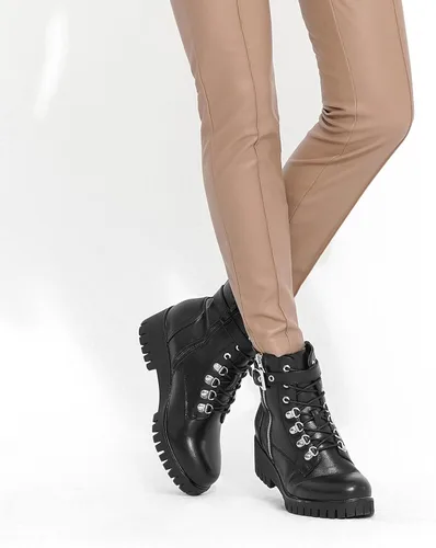 Vista 2 de CentroPoint Botines de cuña de moda para mujer, con cremallera lateral, con cordones, zapatos de plataforma de punta redonda