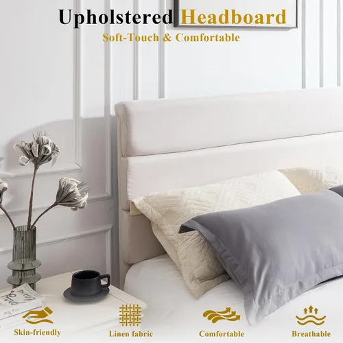 Vista 6 de Armazón de Cama de Plataforma Tamaño Full, Armazón de Cama con Cabecera de Tela Suave con Listones de Madera Resistentes – Moderno y Sin Ruido, Base