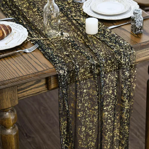 Vista 17 de Artoid Mode Camino de mesa de gasa color beige dorado de 120 pulgadas, 10 pies, lámina metálica con purpurina transparente para comedor, boda