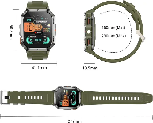 Vista 8 de Relojes inteligentes militares para hombres, reloj inteligente para Android iPhone con gran pantalla HD de 2.01 pulgadas, linterna, batería de 100