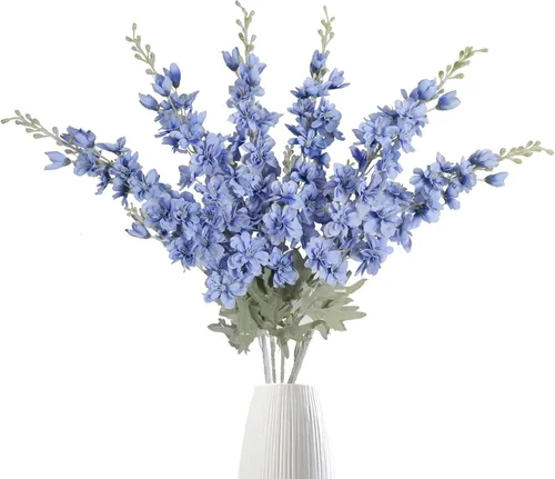 Vista 15 de IPOPU Flores Falsas Delphinium de 33.5 pulgadas, Flores Artificiales de Seda, 6 Piezas Azul Claro Larkspur Flores Artificiales de Tallo Largo