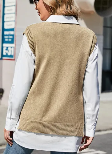 Vista 6 de HOCOSIT Chaleco de punto con cuello en V para mujer, estilo preppy a cuadros, sin mangas, suéter corto