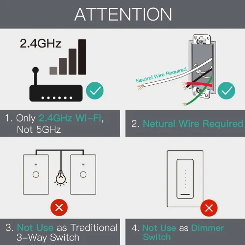 Vista 2 de MoesGo - Interruptor de luz inteligente con botón de pared, multicontrol, interruptores de luz WiFi de 2.4 GHz, requiere cable neutro, control
