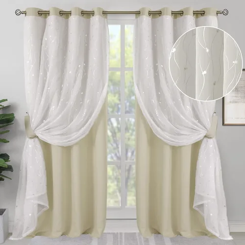 Vista 17 de BGment Cortinas de oscurecimiento de habitación con superposición transparente, cortinas de tul estampado plateado de doble capa para sala de estar