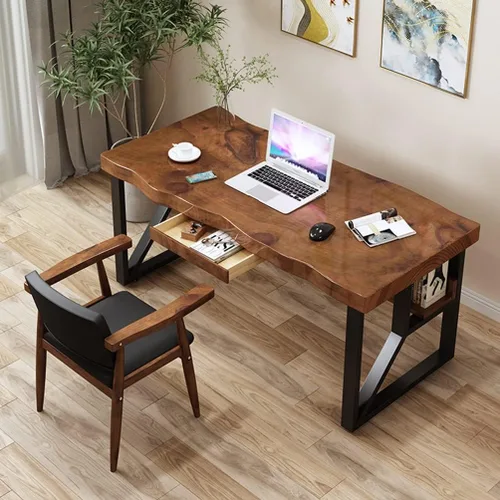 Vista 2 de Escritorio de madera maciza para computadora, escritorio de estudio resistente, estación de trabajo con patas de metal, fácil de montar