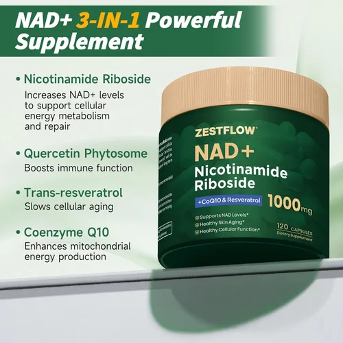 Vista 2 de Suplemento NAD, NAD+ nicotinamida ribósido resveratrol 1000 mg, suplemento liposomal de NAD para mujeres y hombres, NAD Plus con CoQ10 para energía