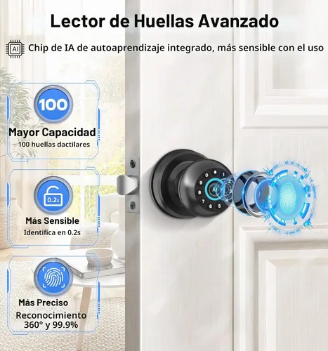 Vista 3 de Anweller Pomo de puerta inteligente con cerradura, teclado de código de huellas dactilares, entrada sin llave, electrónico, digital, biométrico