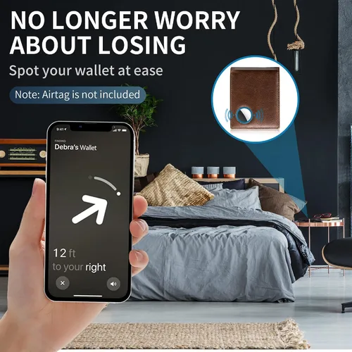 Vista 30 de Swallowmall AirTag Billetera para hombre con bloqueo RFID, de piel auténtica, plegable, para AirTag con 1 ventana de identificación, 13 tarjeteros
