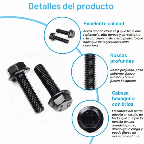 Vista 3 de M6-1.0 x 16 mm Pernos de cabeza hexagonal con brida, tornillos hexagonales de brida, acabado negro Clase 10.9, acero de aleación, totalmente