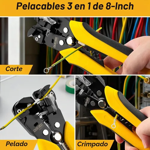Vista 3 de DOWELL Pelacables automático 10-24 AWG, herramienta multifuncional 3 en 1 para pelar, cortar y engarzar, herramienta eléctrica duradera de alta