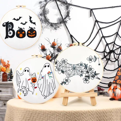 Vista 3 de Kit de bordado de Halloween para adultos principiantes, kit de punto de cruz estampado para adultos principiantes, kit de inicio de bordado a mano