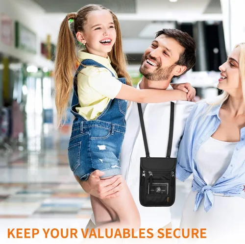 Vista 2 de Cartera de cuello para viajes, bolsa de cuello para pasaporte para hombres y mujeres con correa ajustable para el cuello y bloqueo RFID