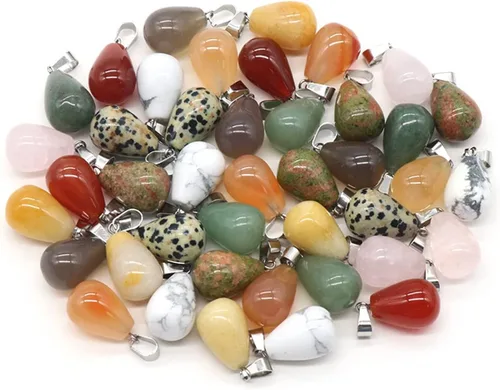 Vista 8 de LE SKY 20 colgantes de piedra natural, redondos, forma de gota de agua, ágata, cristal curativo, dijes de piedra curativa, bricolaje para hacer joyas